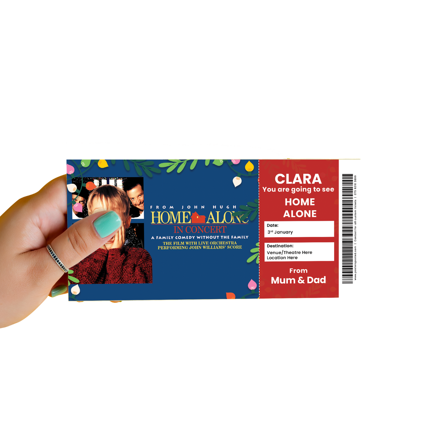 Home Alone In Concert Ticket Xmas Personalised Christmas Gift Keepsake Card