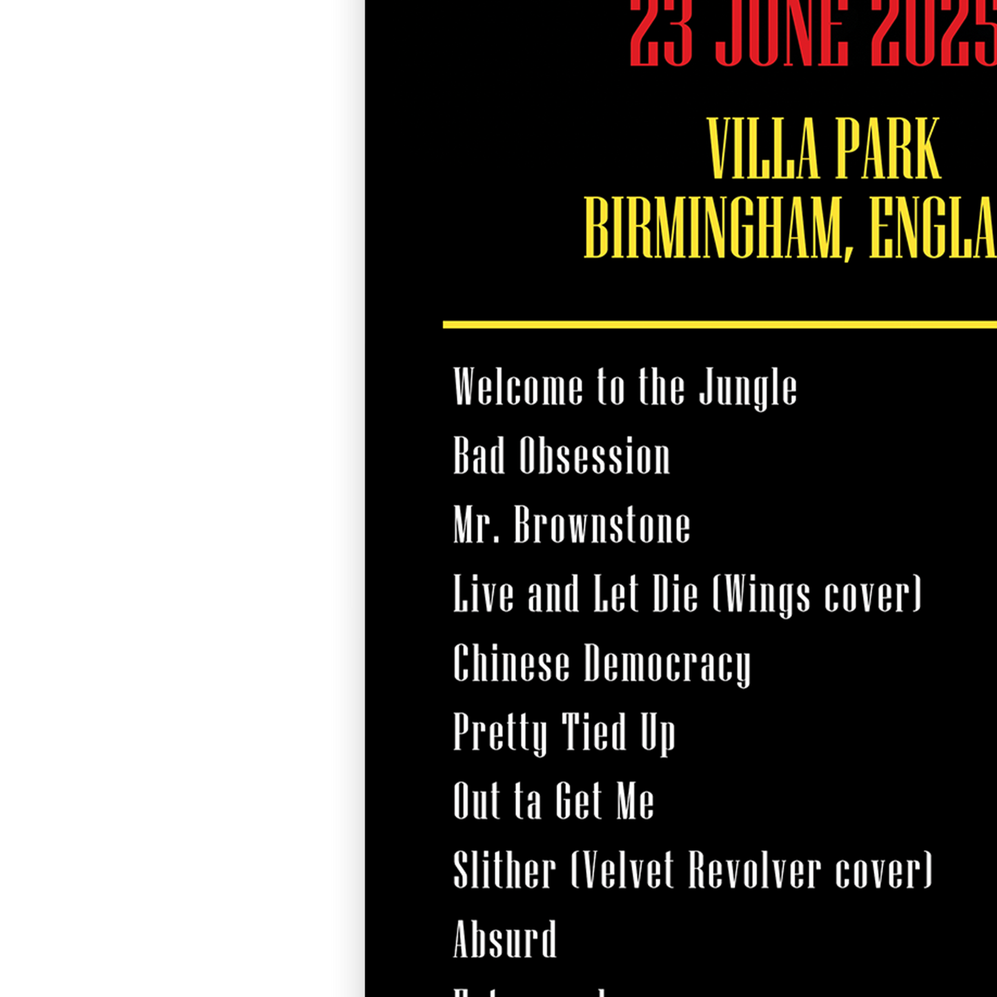 Guns N' Roses Birmingham 23 June 2025 Setlist Poster For Fans A5-A3