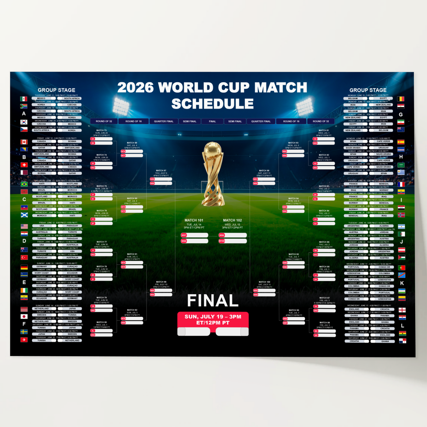 Football World Cup 2026 Poster Schedule Wall Chart A5-A2 Large Wall Planner