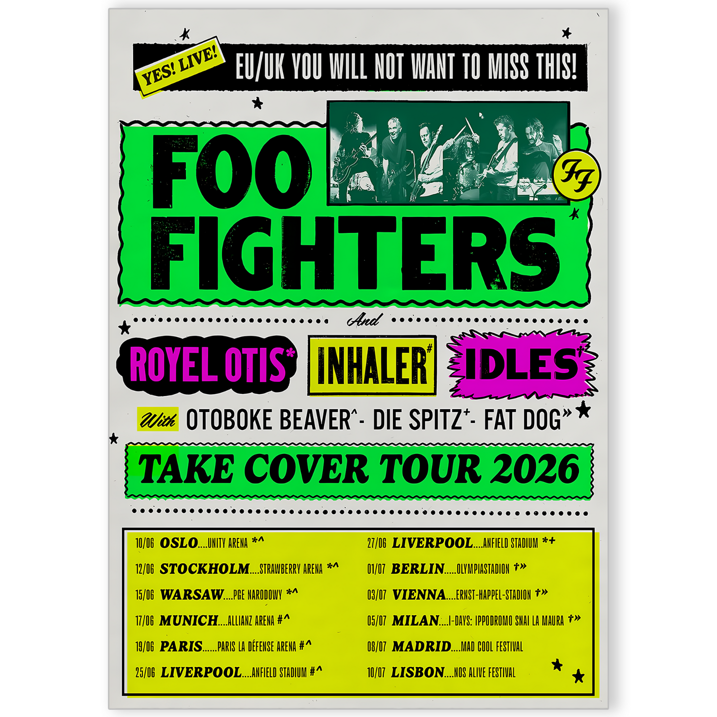 Foo Fighters Poster Tour UK+EURO Dates For Foo Fighters Fan Music Rock Band