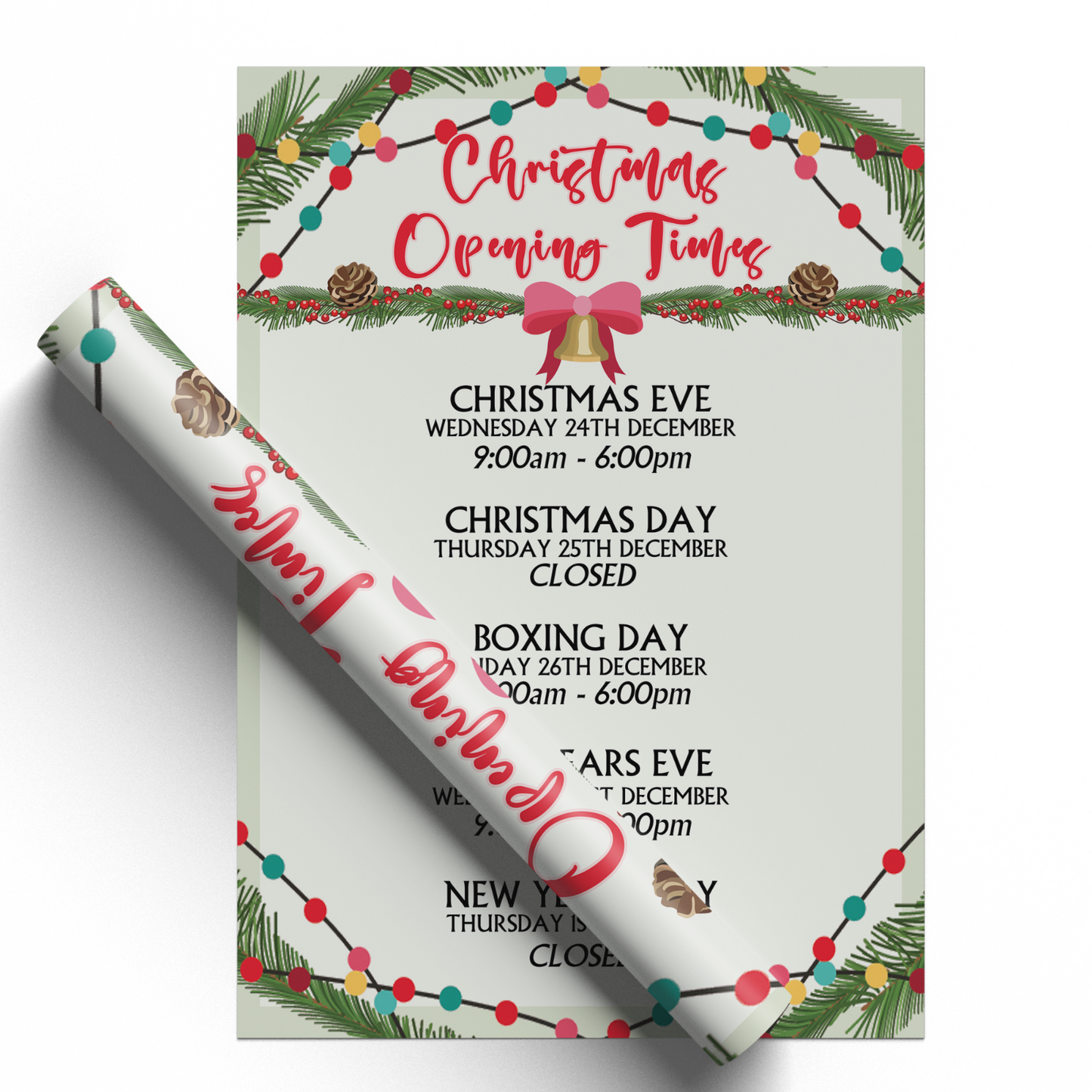 Christmas Opening Hours Poster Xmas 2025 Personalised Opening Times A5 A4 A3