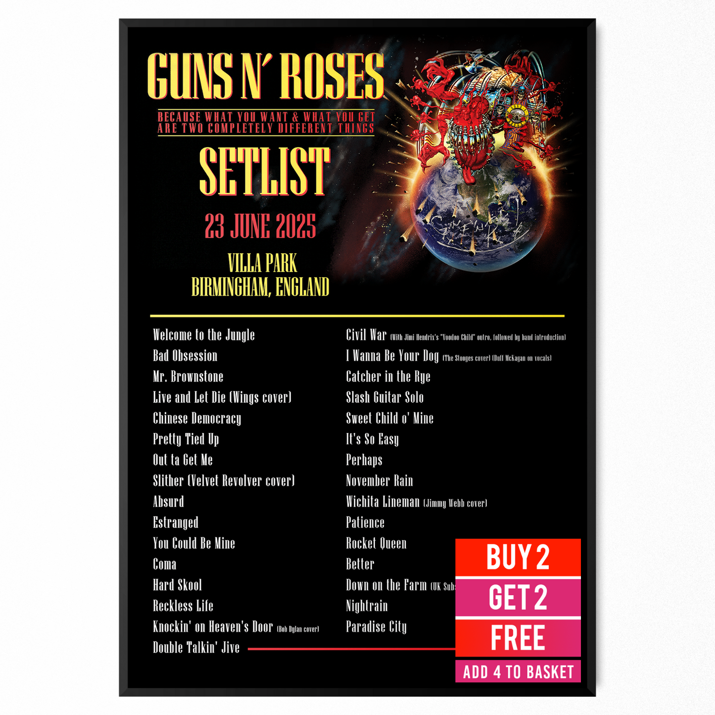 Guns N' Roses Birmingham 23 June 2025 Setlist Poster For Fans A5-A3