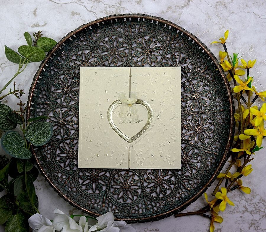 Personalised Wedding Card Handmade Ivory Gatefold Heart Invitation Card