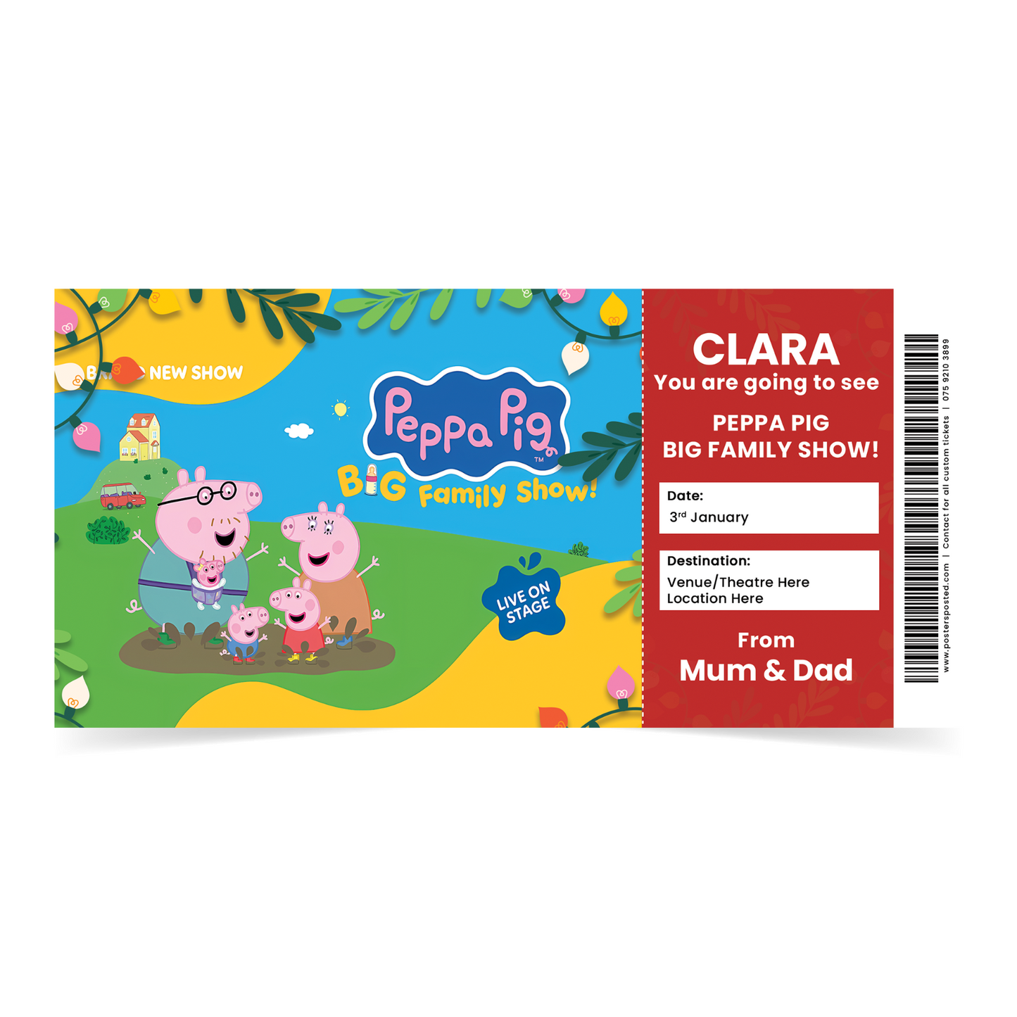 Peppa Pig Big Family Show Xmas Ticket Personalised Christmas Gift Keepsake Card