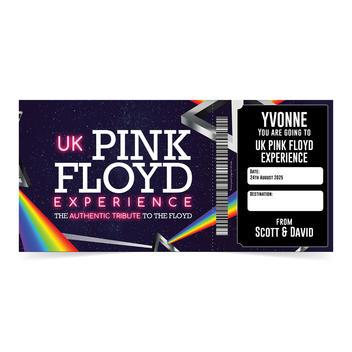 UK Pink Floyd Experience Concert Music Ticket Personalised Christmas Xmas Ticket