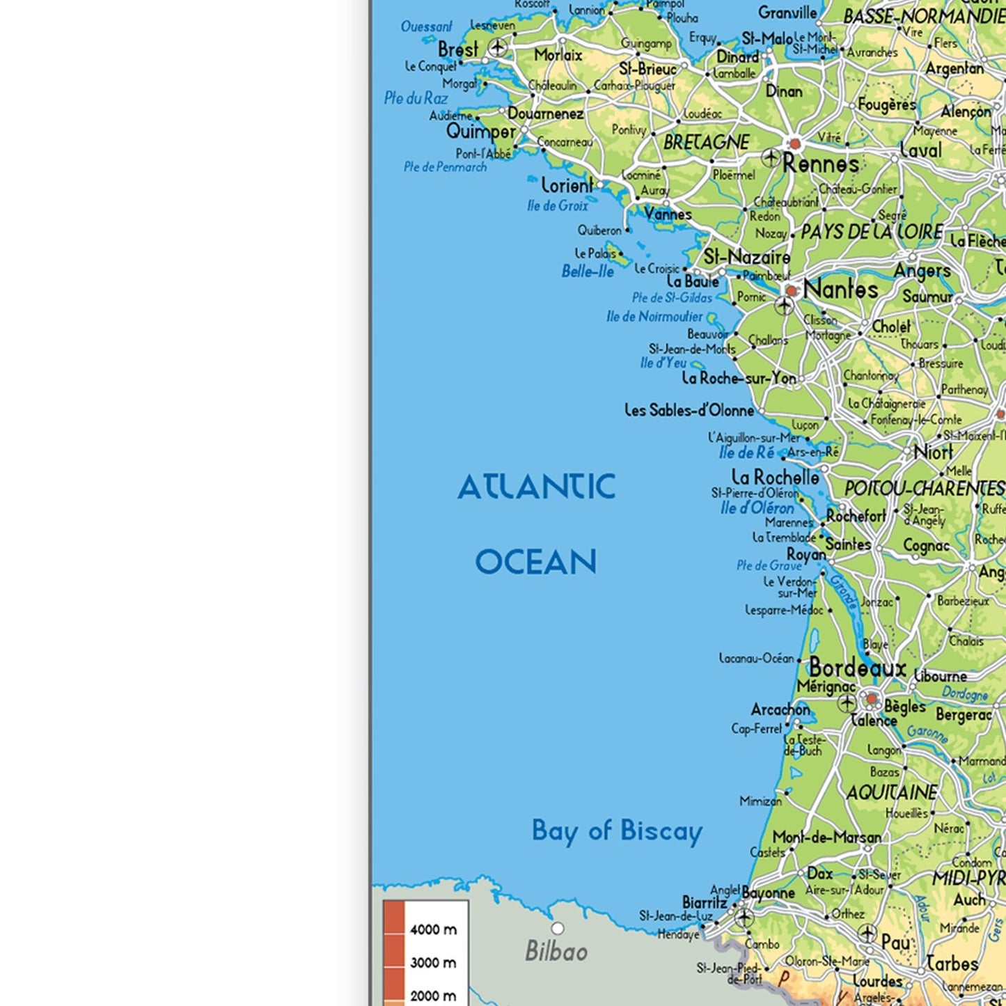 Map Of France Educational Poster Travel Tourism Physical Map Print - A5 A4 A3