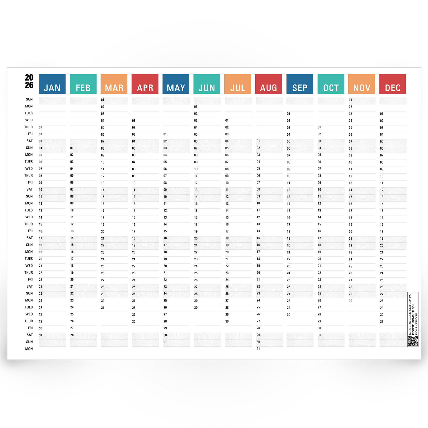 2026 Year Planner Wall Home Office Work Annual Full Year Calendar A5 A4 A3