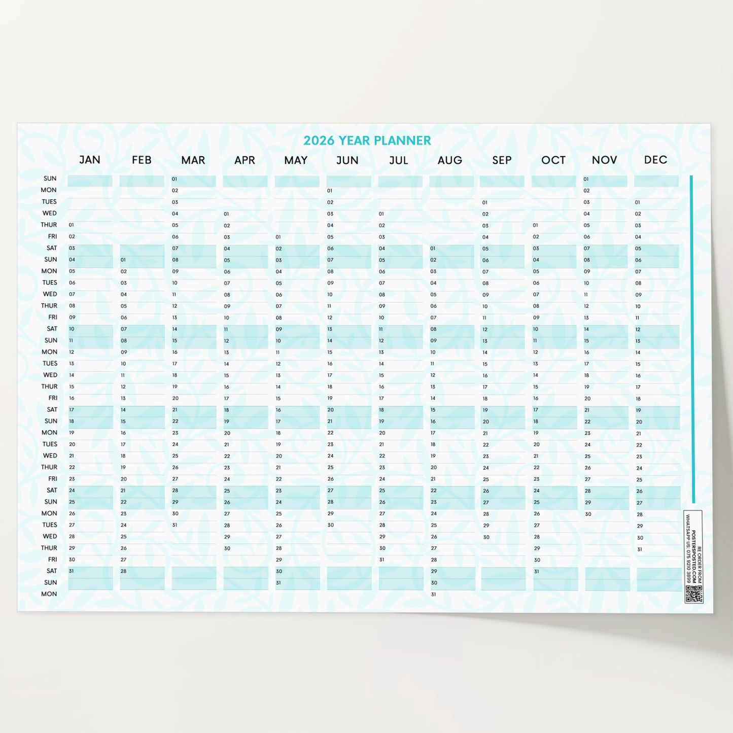 2026 Wall Planner Calendar Wall Chart Year Planner Calendar Home Office A5-A3