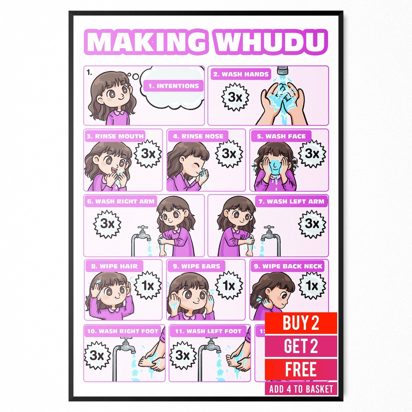 Wudu Guide Kids Chart Poster Girls How To Do Wudu Islamic Wall Art Poster A5-A3