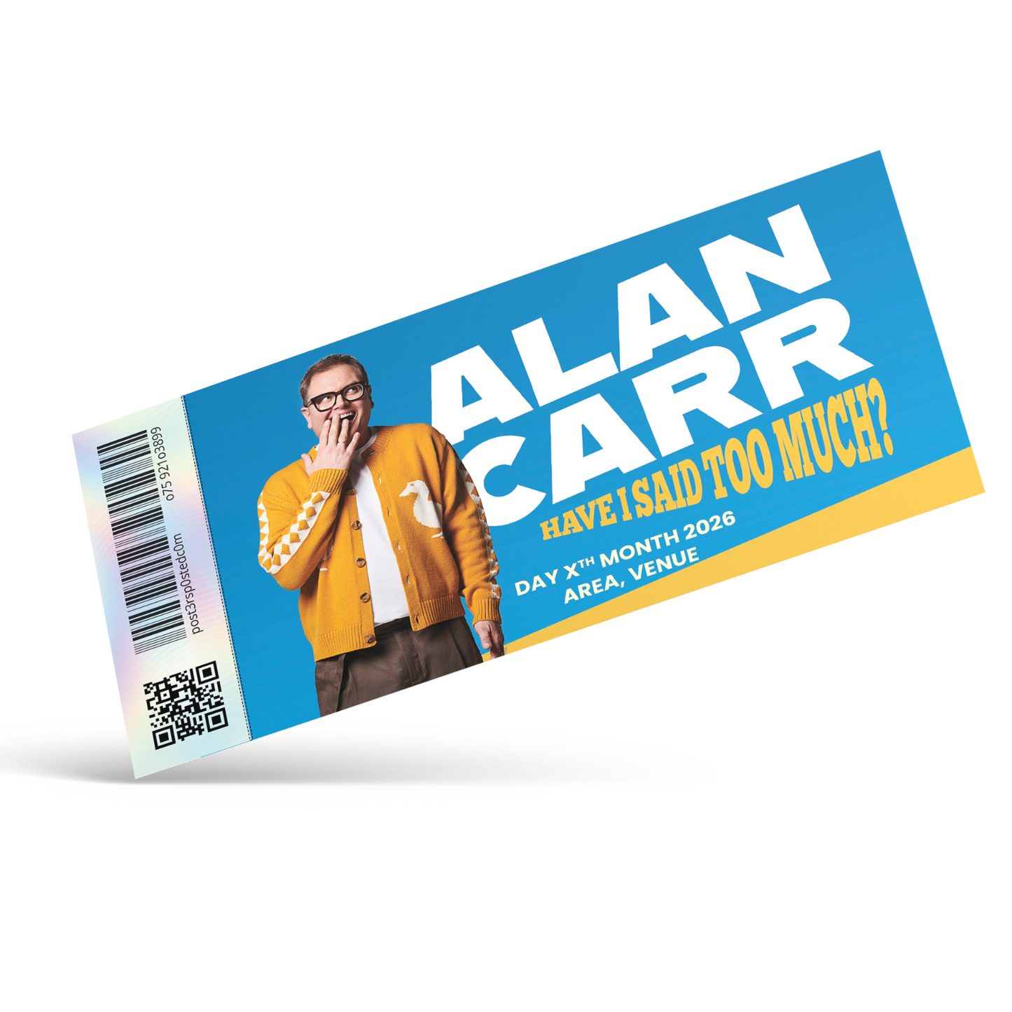 Alan Carr Live Tour Souvenir Comedy Show Personalised Ticket Memorabilia Gift