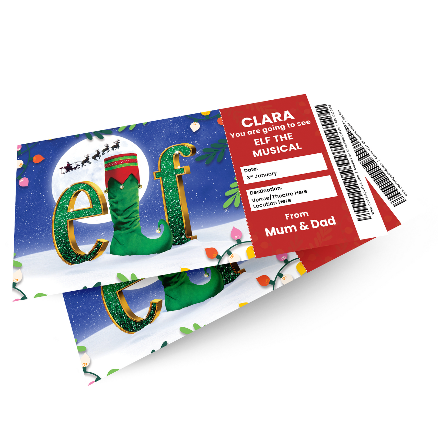 Elf The Musical Gift Ticket Personalised Present Christmas Gift Reveal Ticket