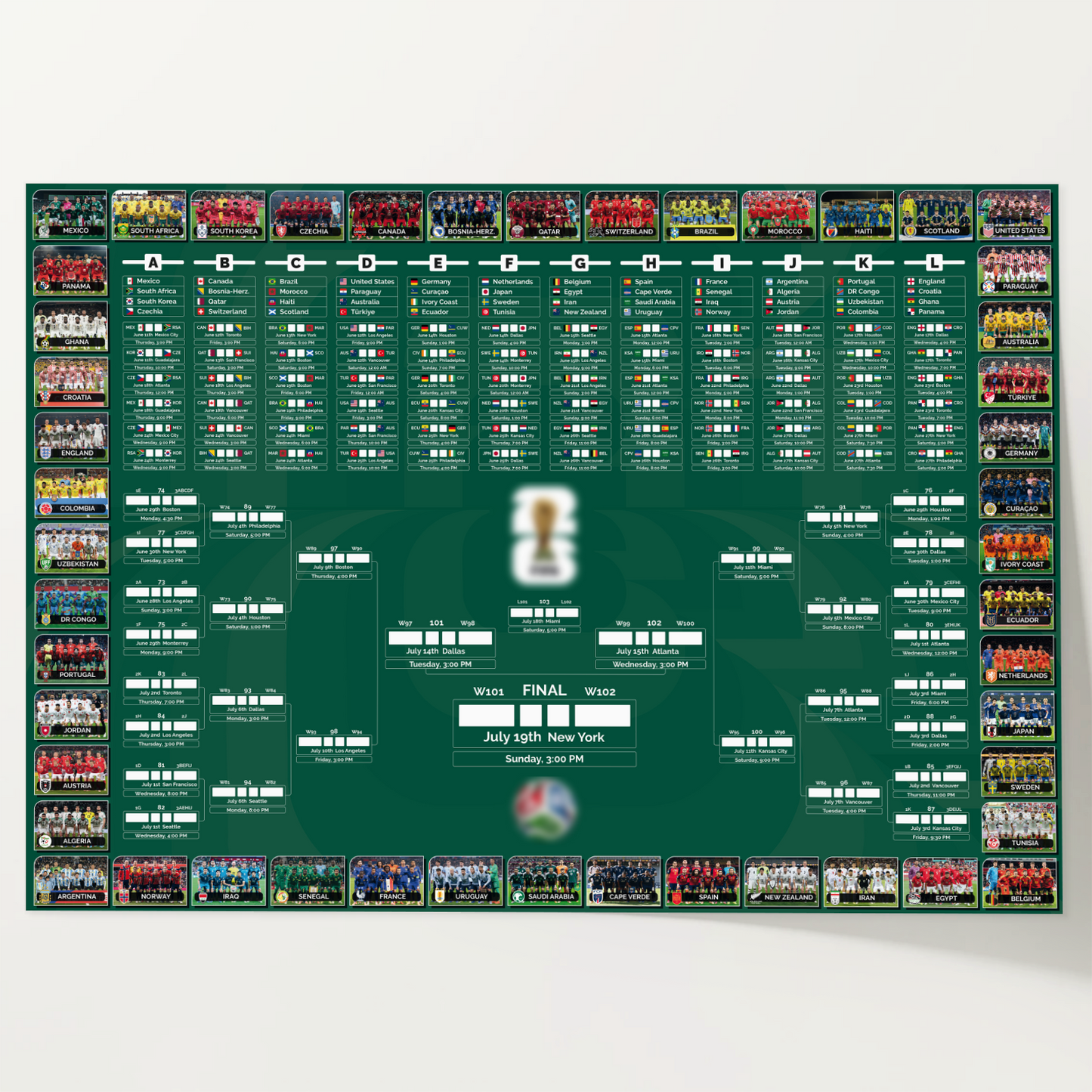 Football World Cup 2026 Wall chart World Cup Schedule Print +FREE A4 FLAG POSTER