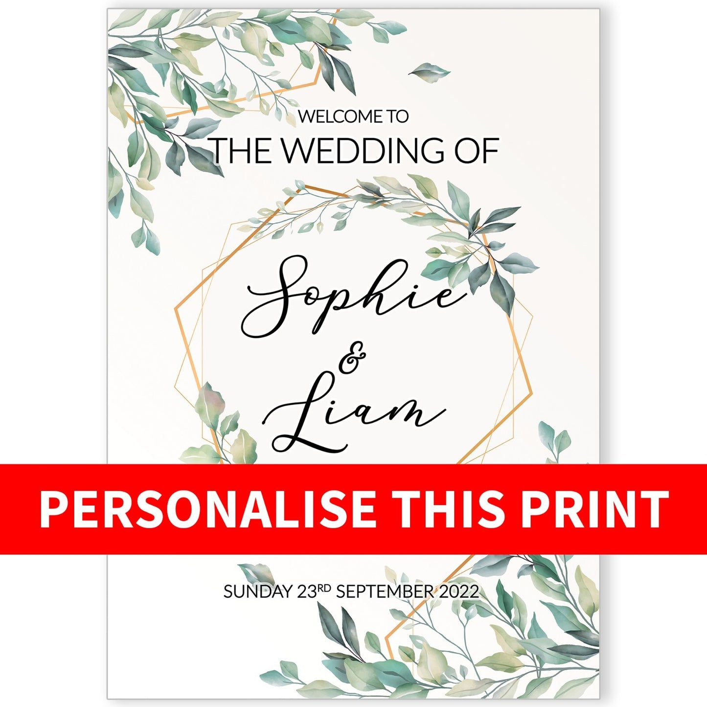 Personalised Welcome Wedding Poster Green Foliage Ceremony 'Welcome' Entry Sign