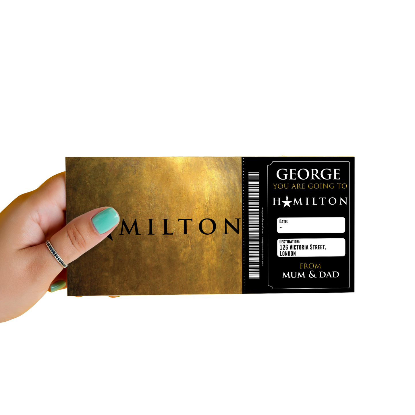 HAMILTON Musical Theatre Ticket Personalised Gift Surprise Hamilton Voucher