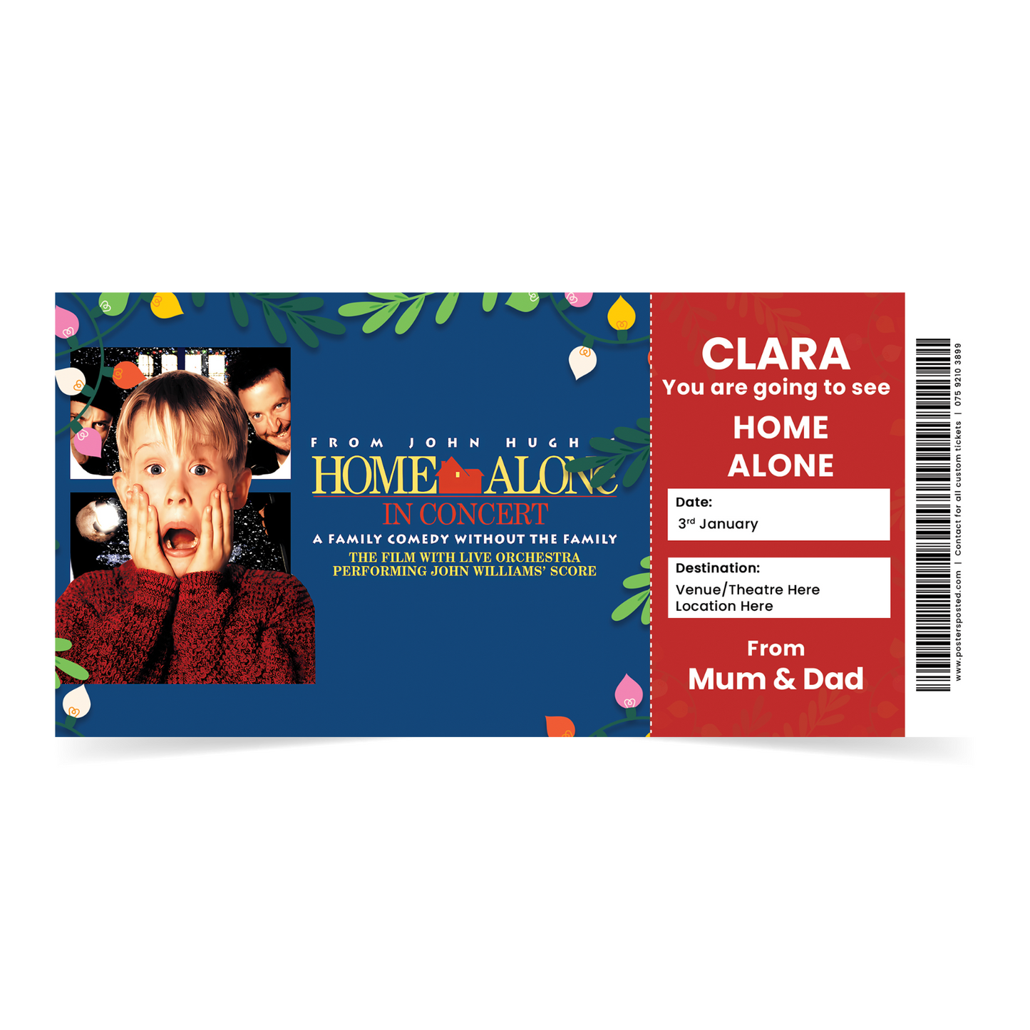 Home Alone In Concert Ticket Xmas Personalised Christmas Gift Keepsake Card