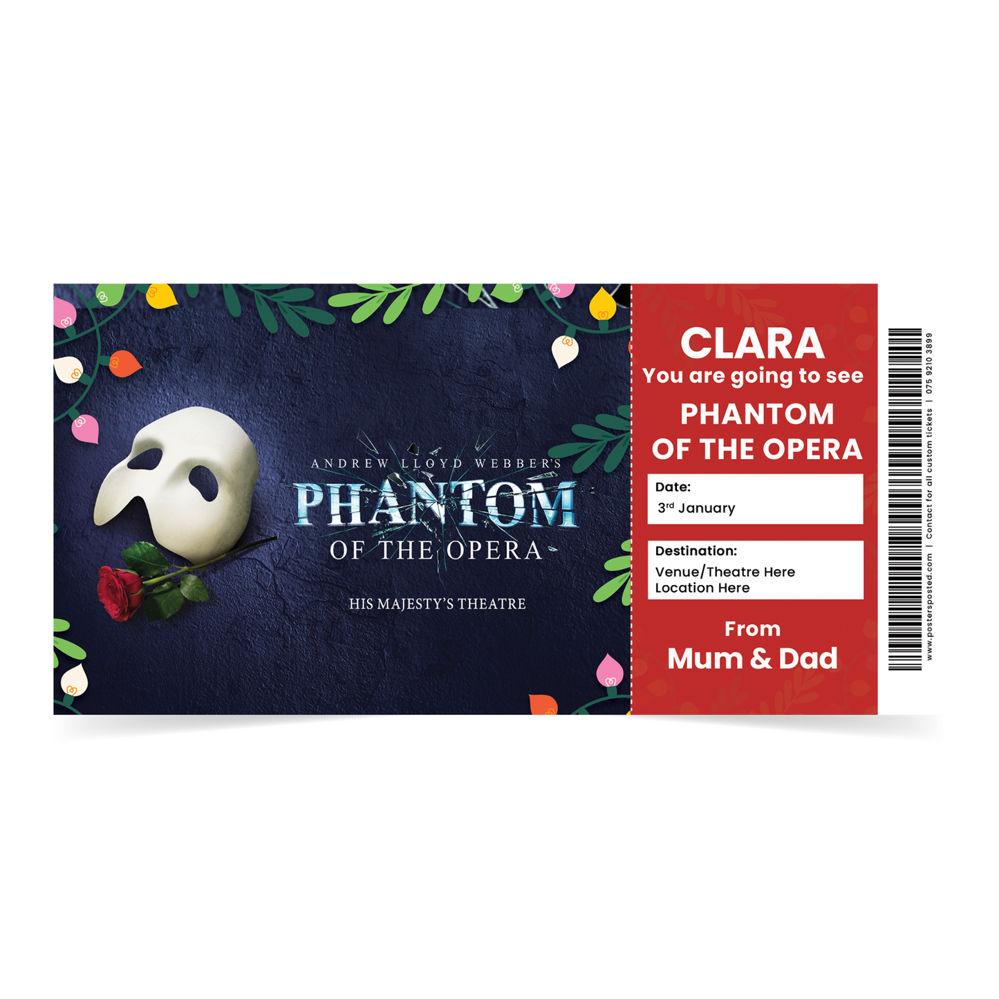 Phantom Of The Opera Ticket Christmas Theatre Ticket Personalised Gift Keepsake