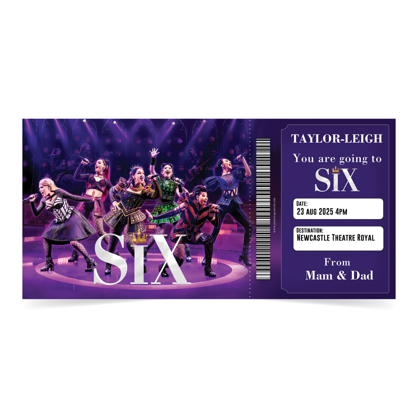 Six The Musical Ticket Theatre Personalised Ticket Gift Keepsake Reveal Gift