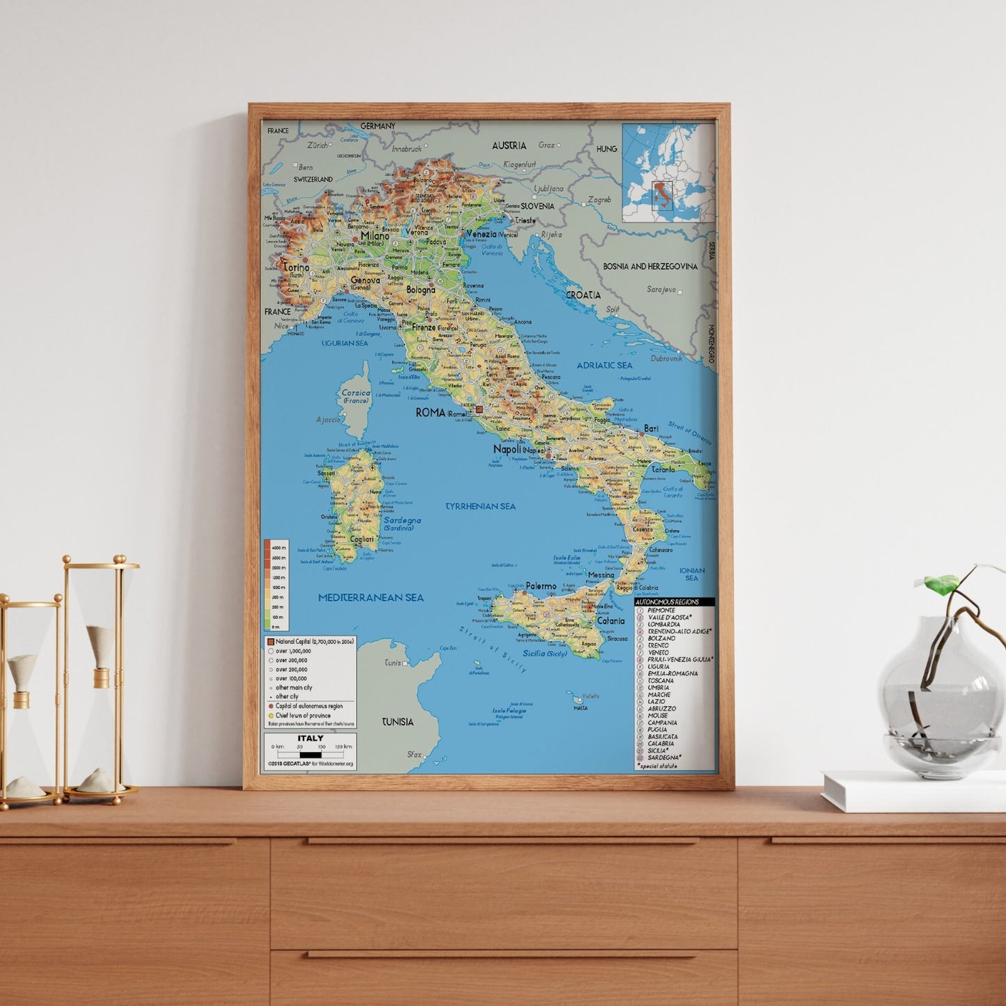 MAP OF ITALY POSTER EDUCATIONAL TRAVEL TOURISM PHYSICAL STYLE MAP POSTER - A5-A3