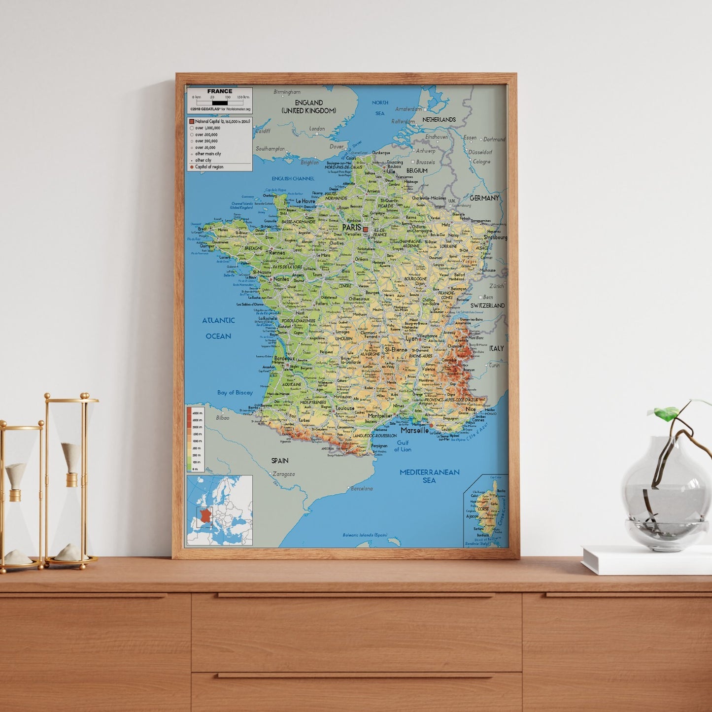 Map Of France Educational Poster Travel Tourism Physical Map Print - A5 A4 A3