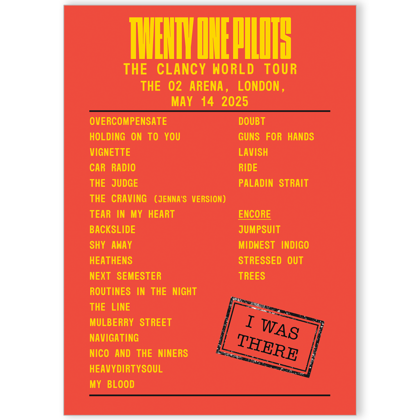 Twenty One Pilots 2025 UK Tour The Clancy World Tour Setlist Poster Print A5-A3
