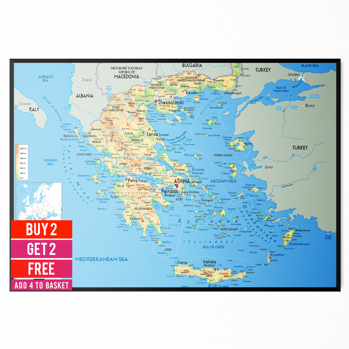 Map of Greece Poster Print Wall Art Home Decor A5 A4 A3 Educational Print