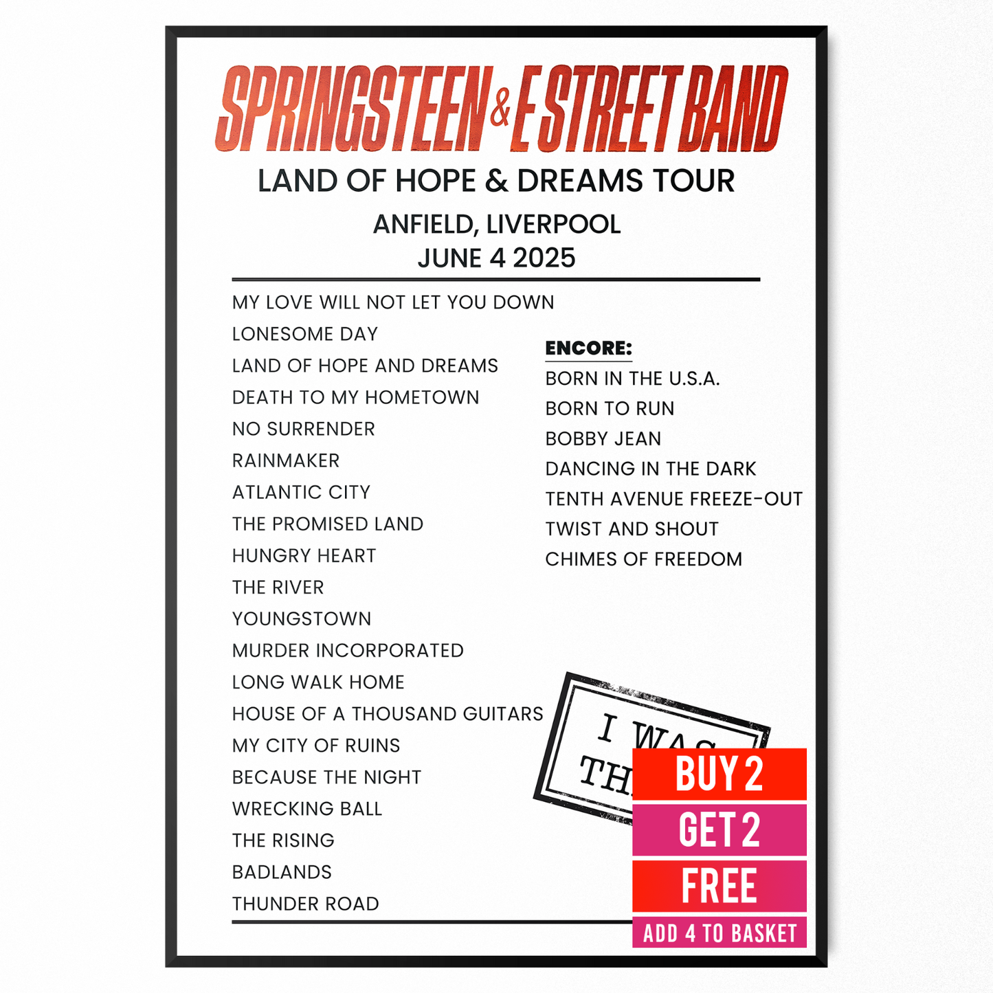 Bruce Springsteen 2025 Liverpool Setlist Poster Anfield Live UK Arena Tour A5-A3