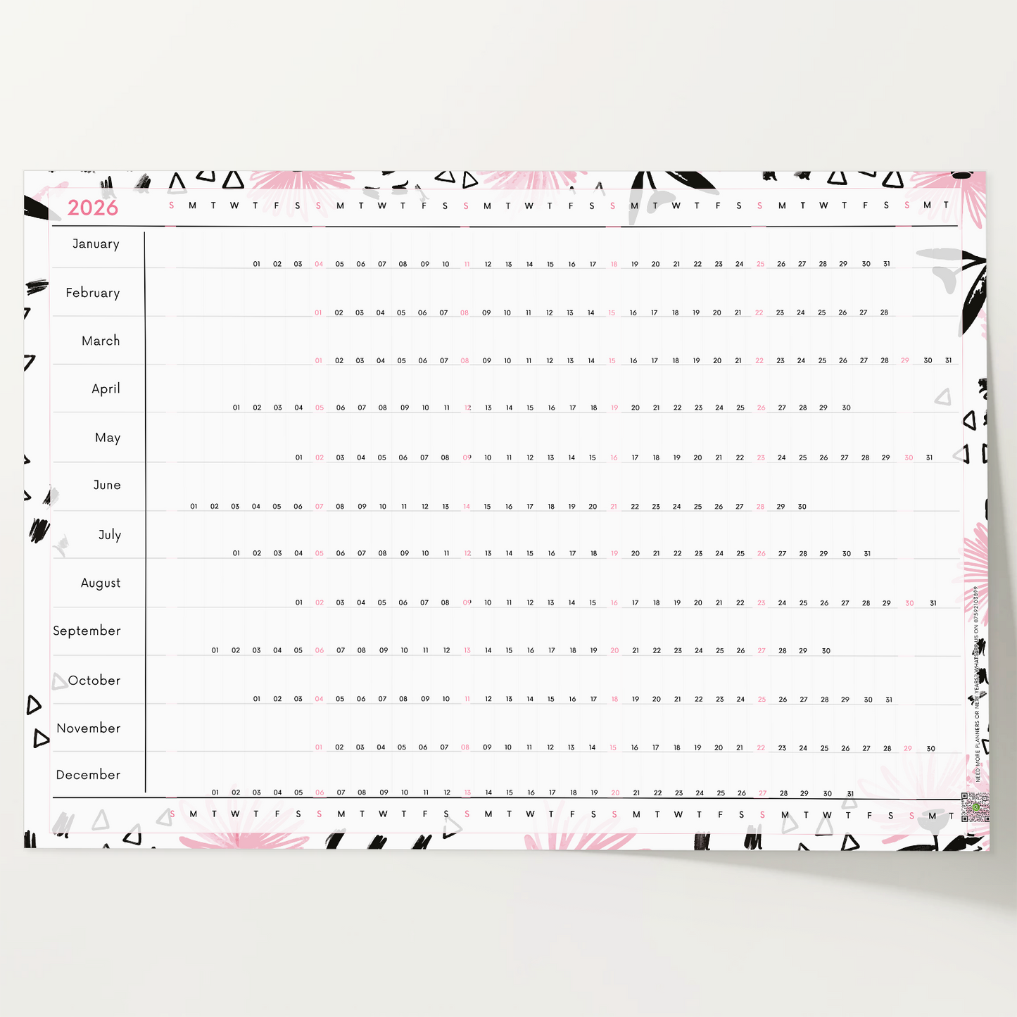 2026 Wall Planner Full Year Calendar For Home Office Work Jan-Dec A5-A1 Sizes