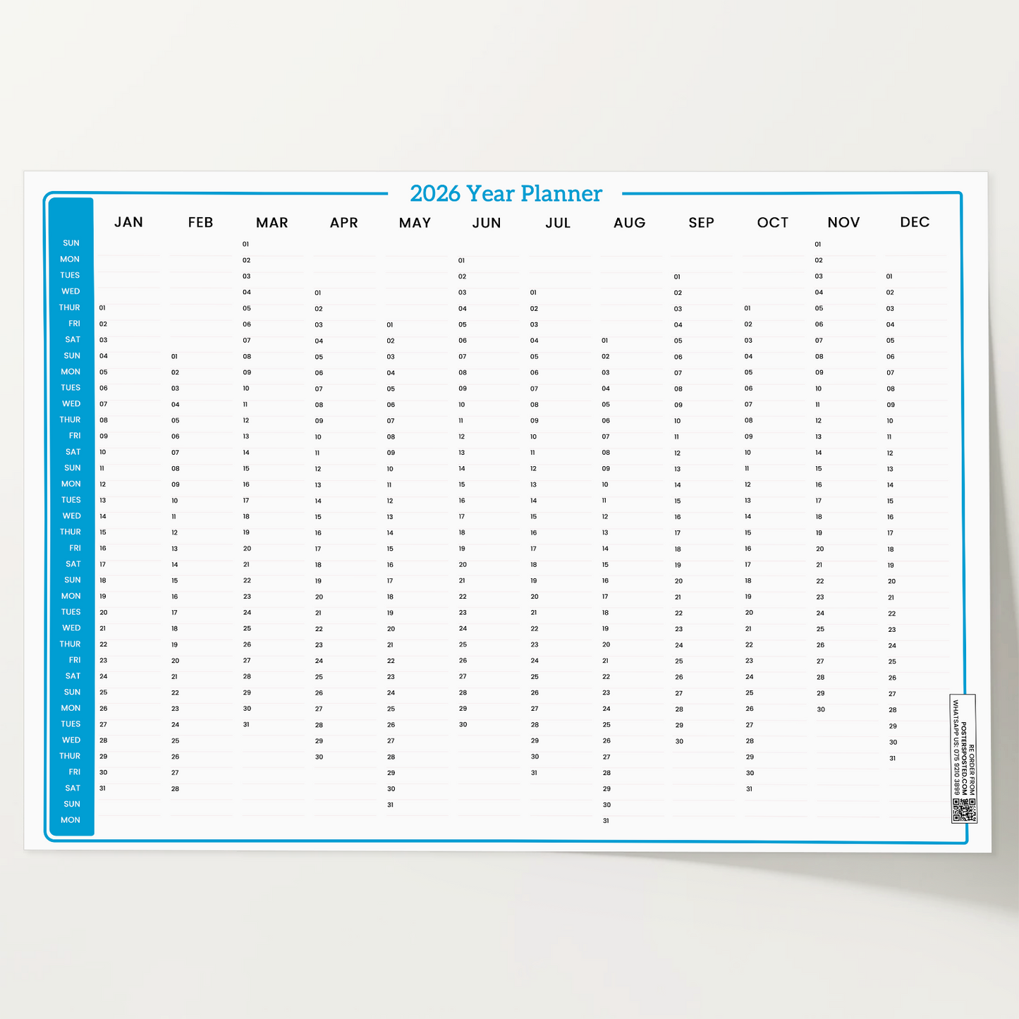 2026 Wall Planner Full Year Blue Calendar Home Office Work JAN - DEC A5 A4 A3