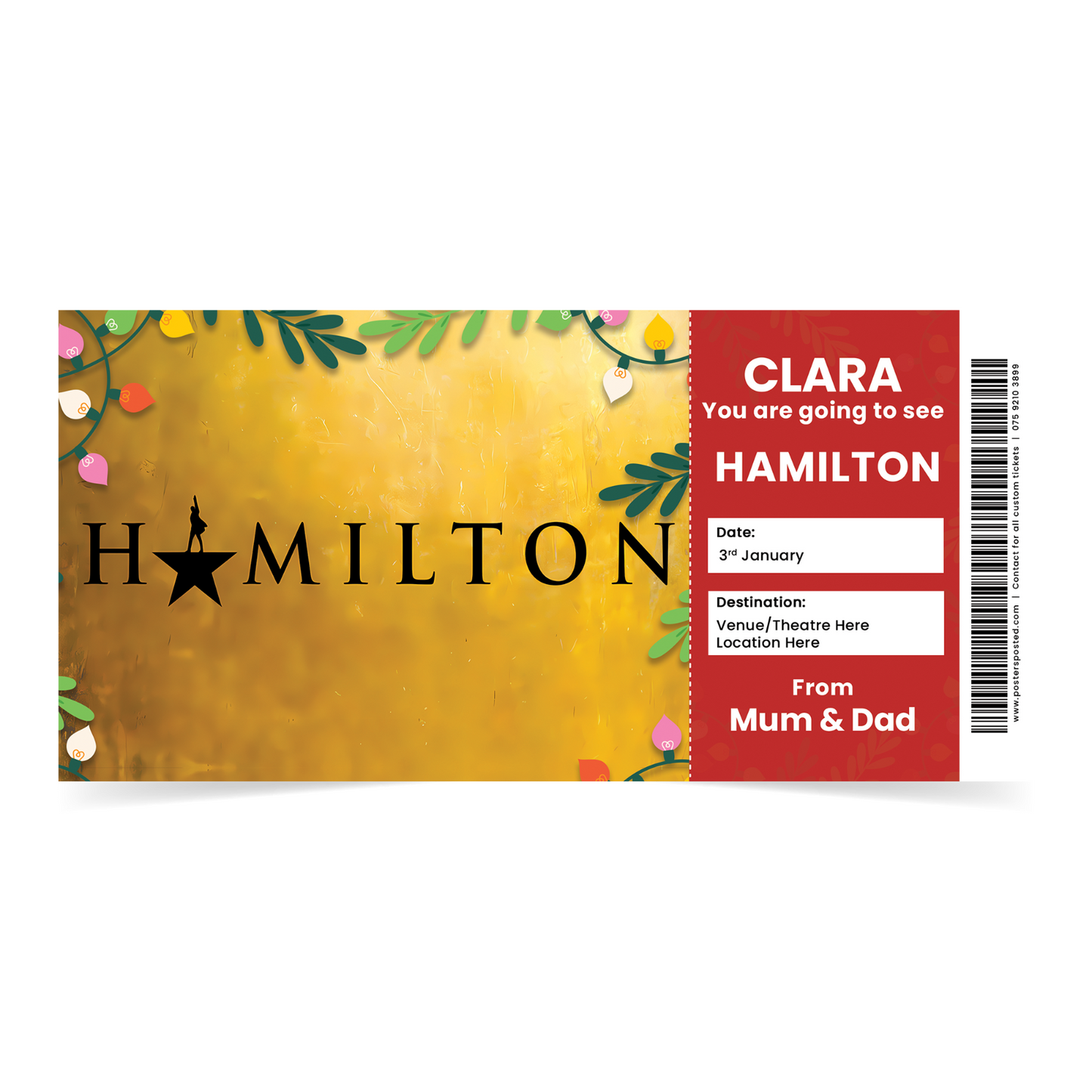 Hamilton Ticket Personalised Christmas Theatre Keepsake Ticket Xmas Gift Card