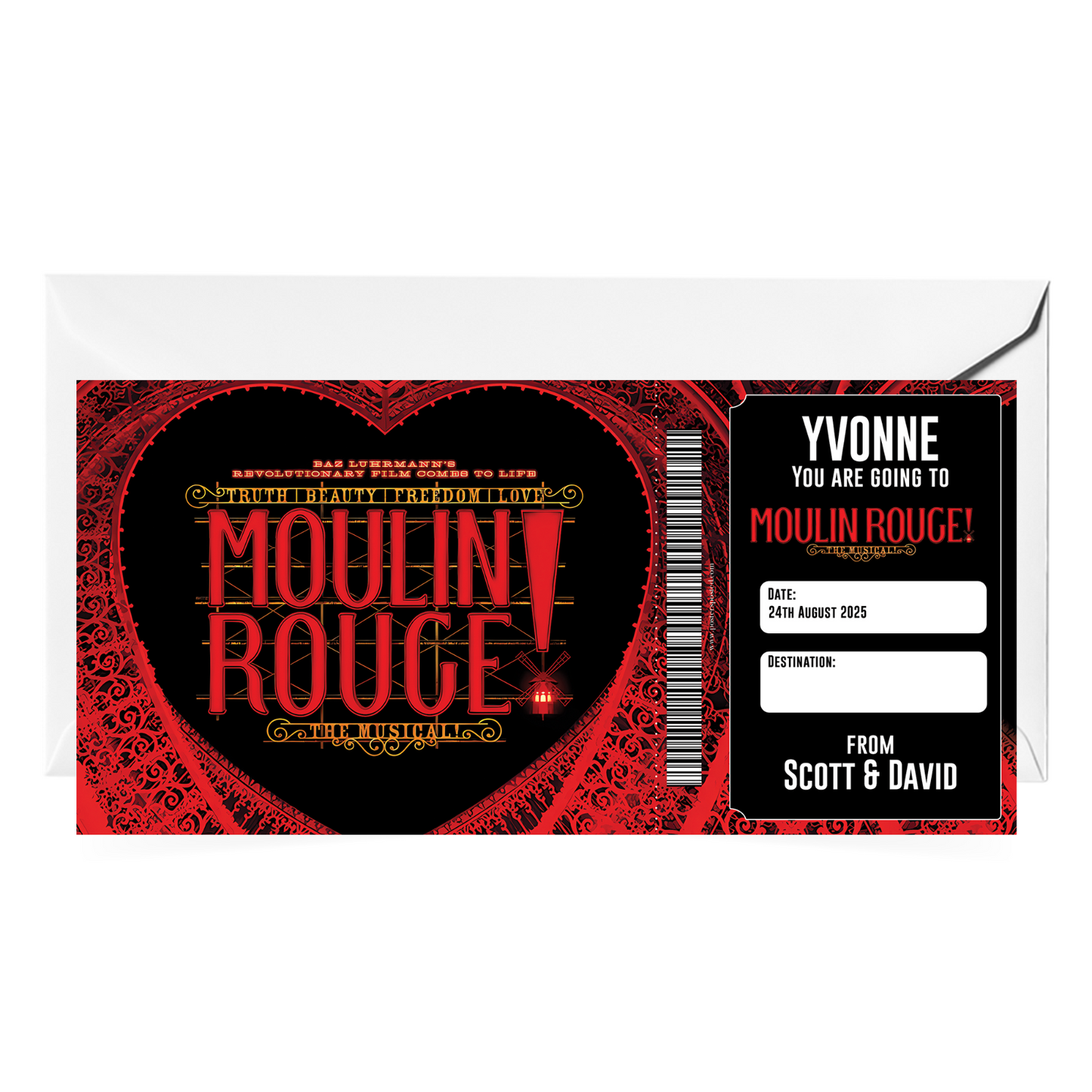 Moulin Rogue! The Musical Theatre Ticket Gift Surprise Voucher Personalised