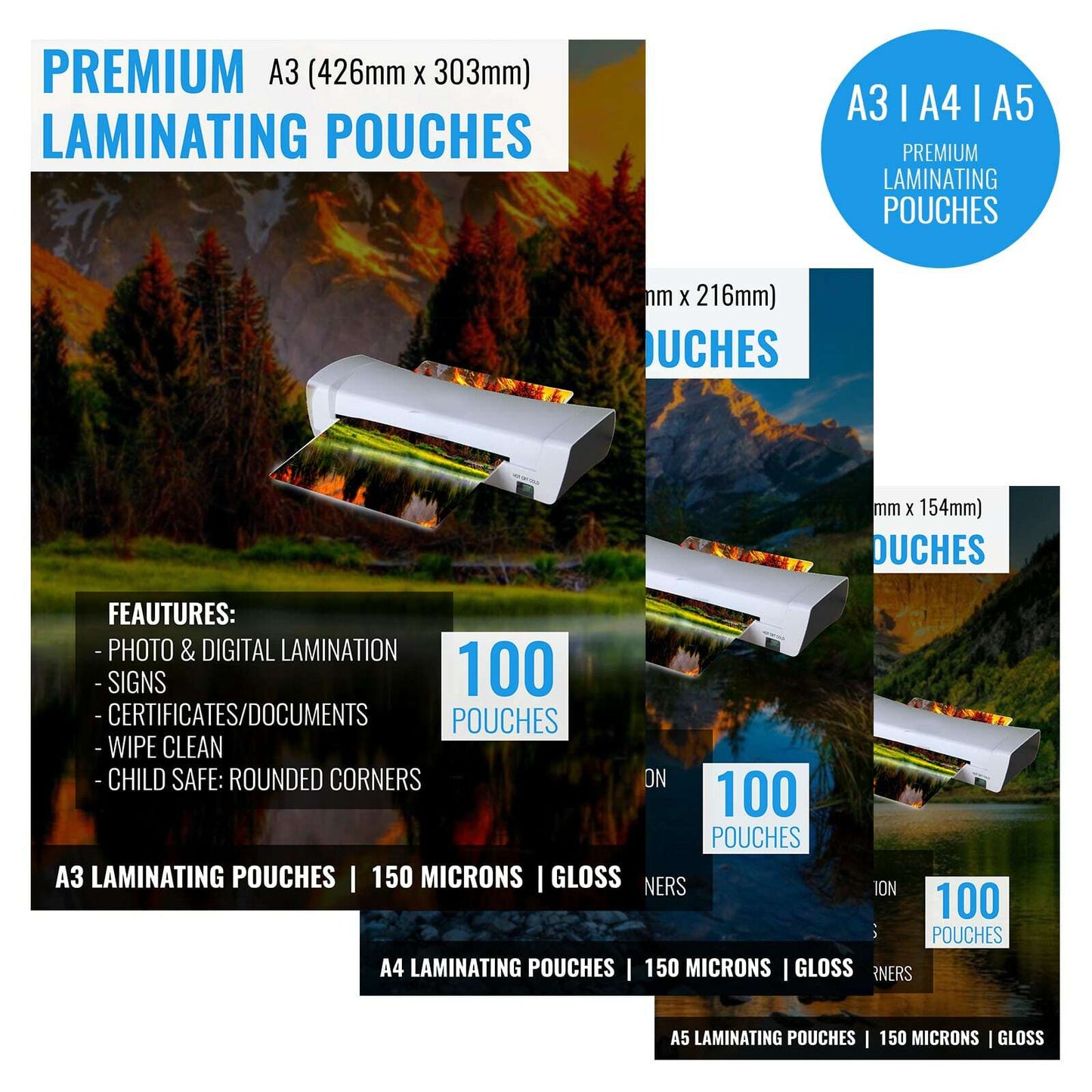Laminating Pouches 150 Micron Gloss Pack Laminator Sheets A4 A3 A5 Pouches