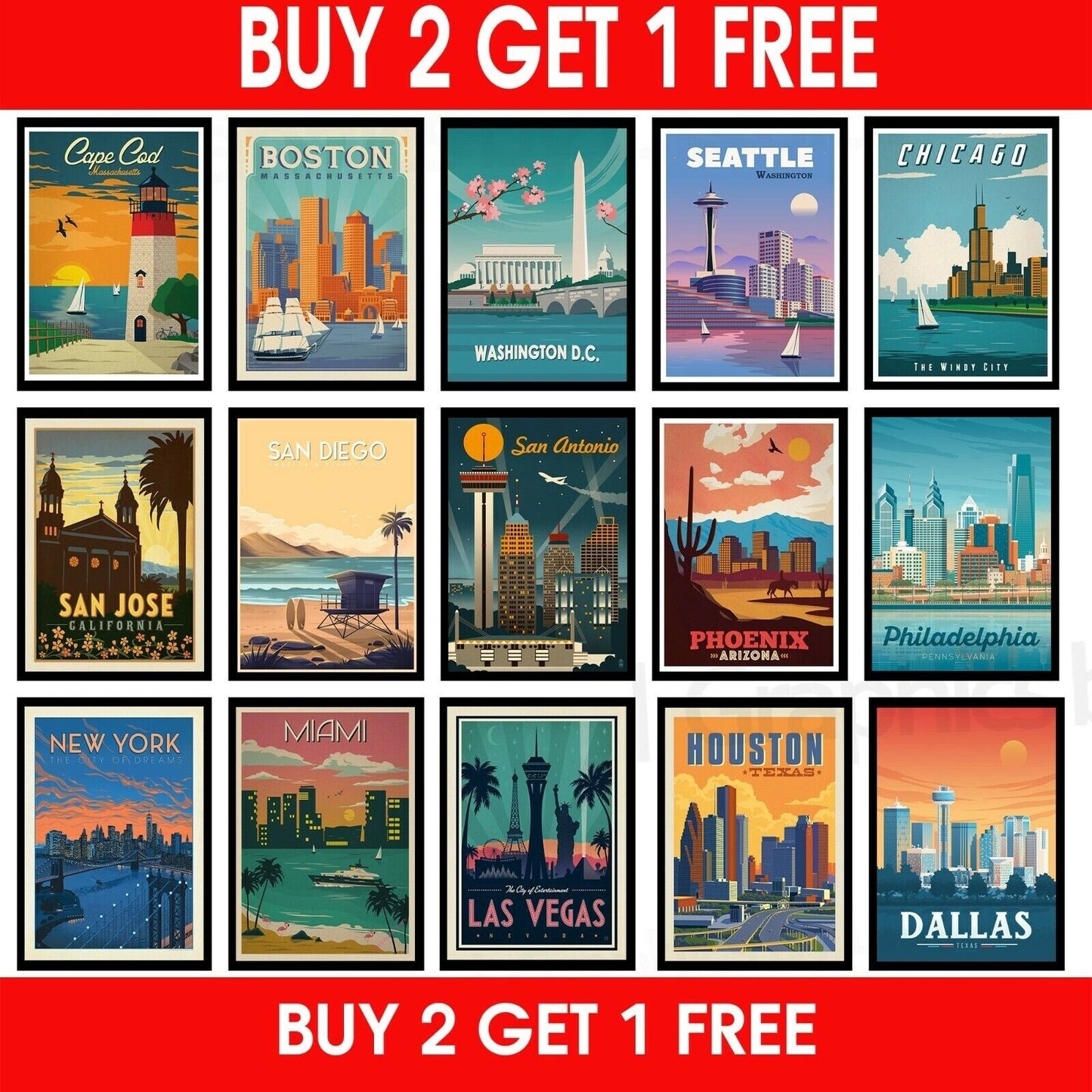 VINTAGE TRAVEL POSTERS WALL ART PRINT UNITED STATES CITY TOURISM WALL ART