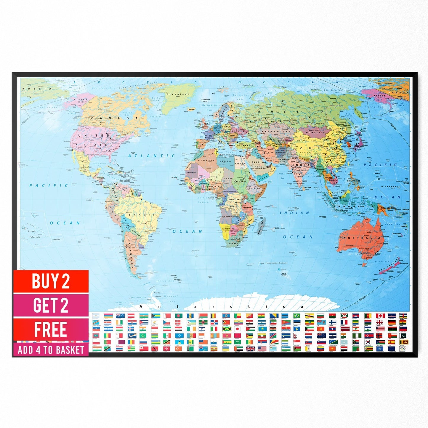 Map Of The World Wall Poster With Flags Classroom Geography Gift Print A5-A3