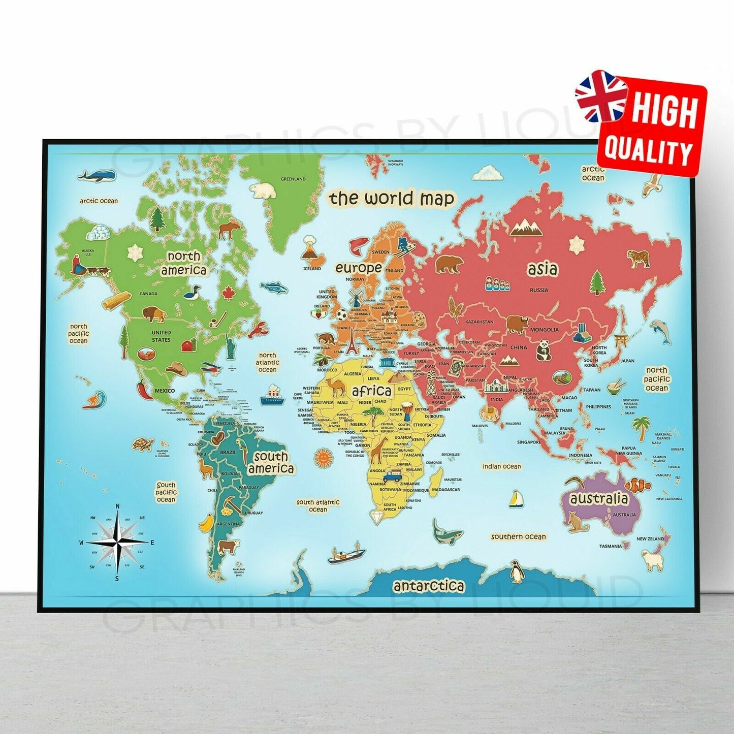 KIDS ANIMAL EDUCATIONAL MAP OF THE WORLD | A5 A4 A3 | Poster Print Decal