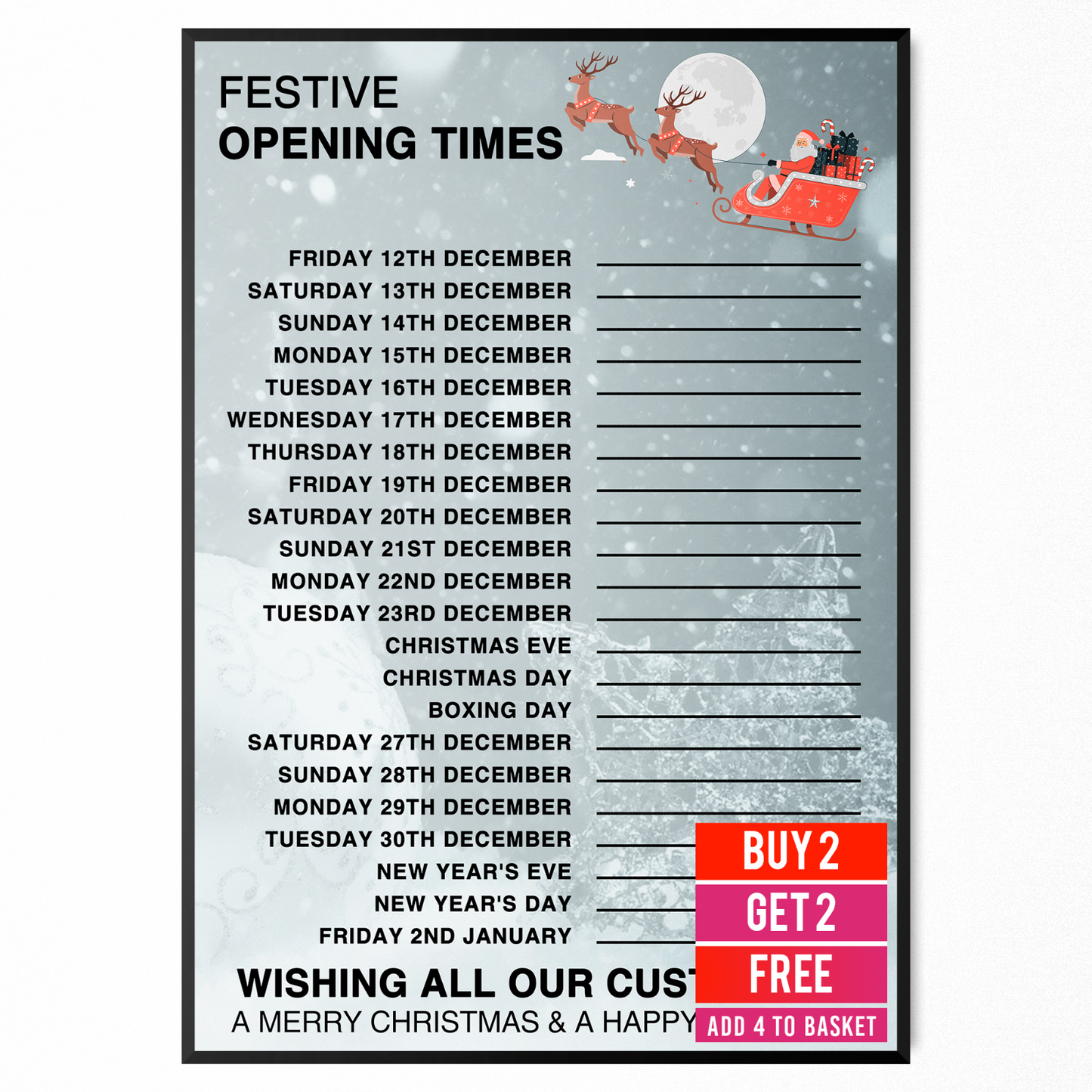 Christmas Opening Times, Hours Window Sign A5-A3 Shop Display Christmas Poster