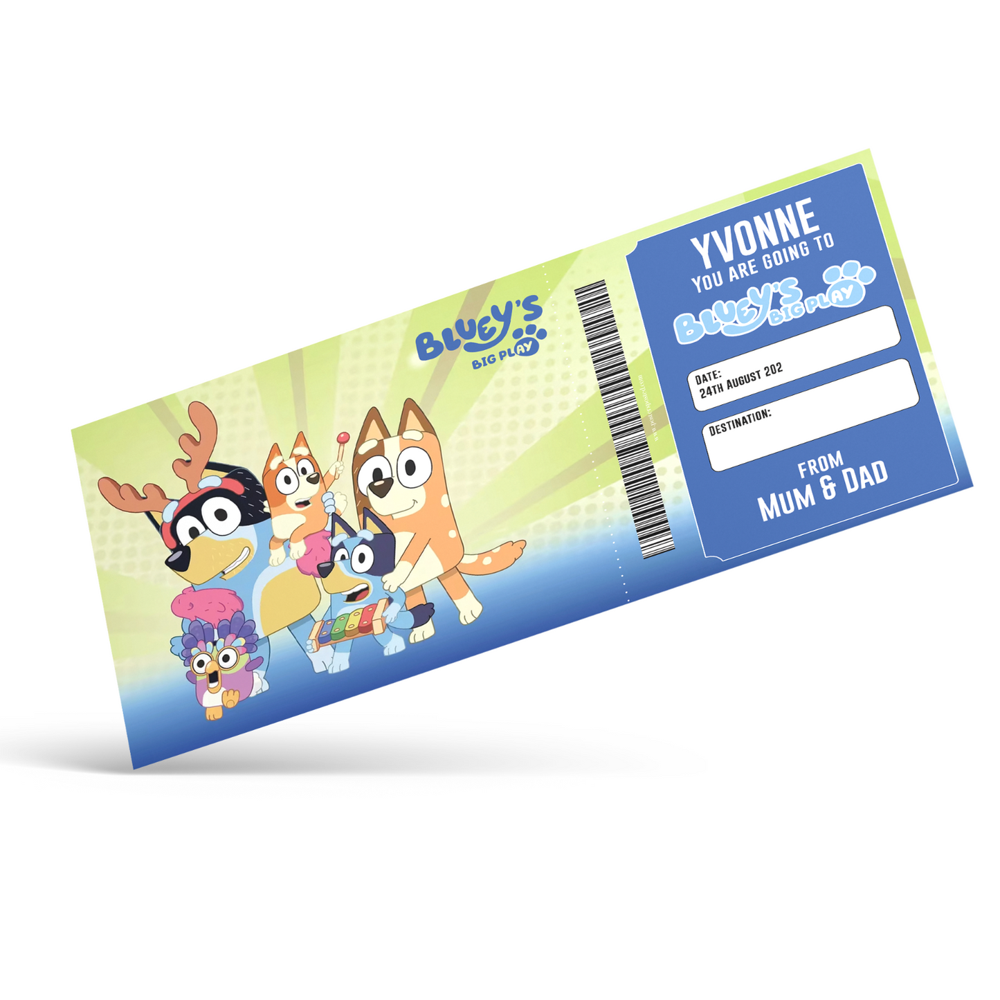 Bluey's Big Play Ticket Gift Theatre Christmas Xmas Personalised Gift Ticket