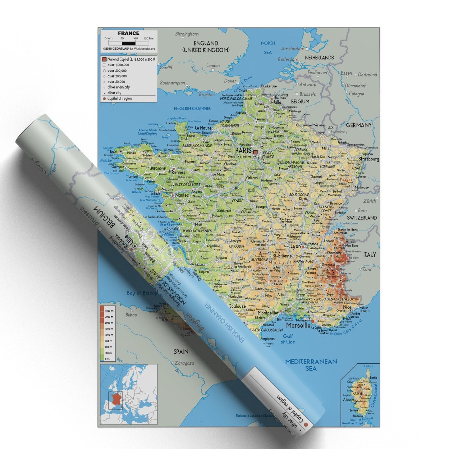 Map Of France Educational Poster Travel Tourism Physical Map Print - A5 A4 A3