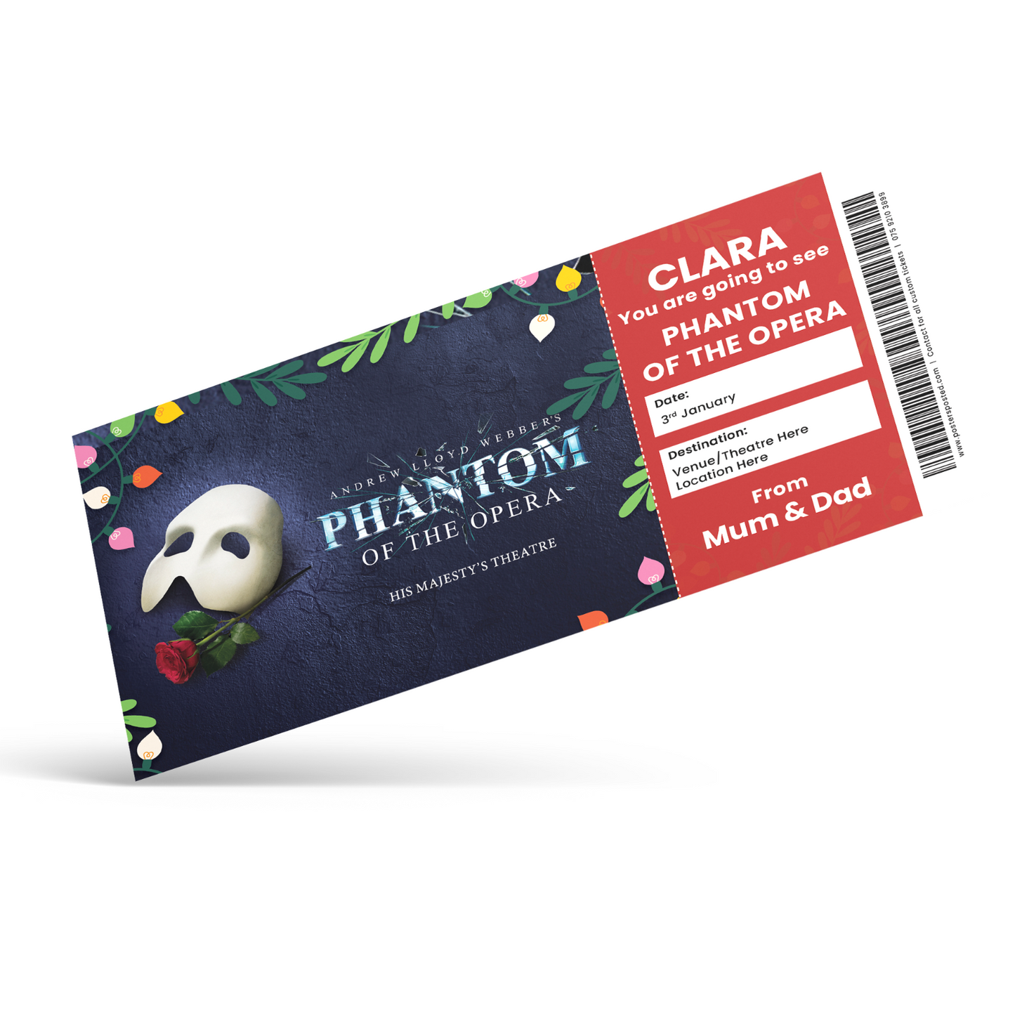 Phantom Of The Opera Ticket Christmas Theatre Ticket Personalised Gift Keepsake