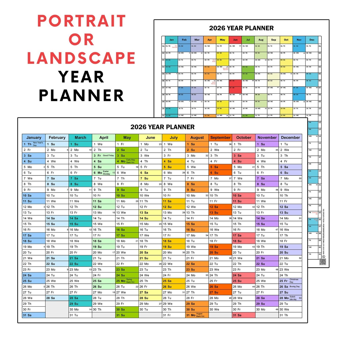 2026 Vertical Year Planner Wall Planner Calendar Holidays | A5 A4 A3 A2 A1