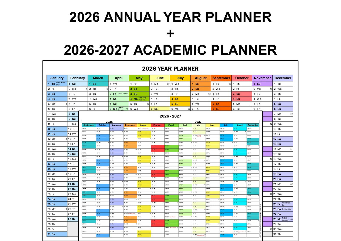 2026-2027 Academic Wall Planner Mid Year Calendar For School Uni Home A3-A2
