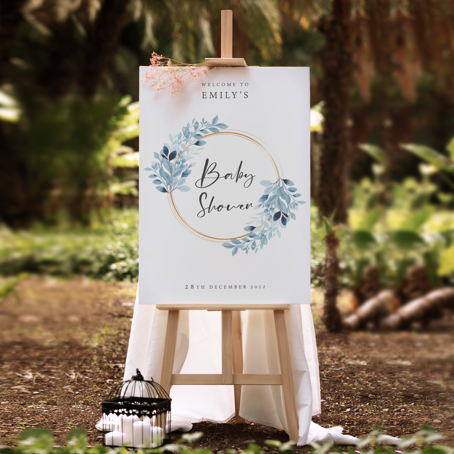 Baby Shower Welcome Party Sign Blue Foliage Floral Personalised Print A5 A4 A3