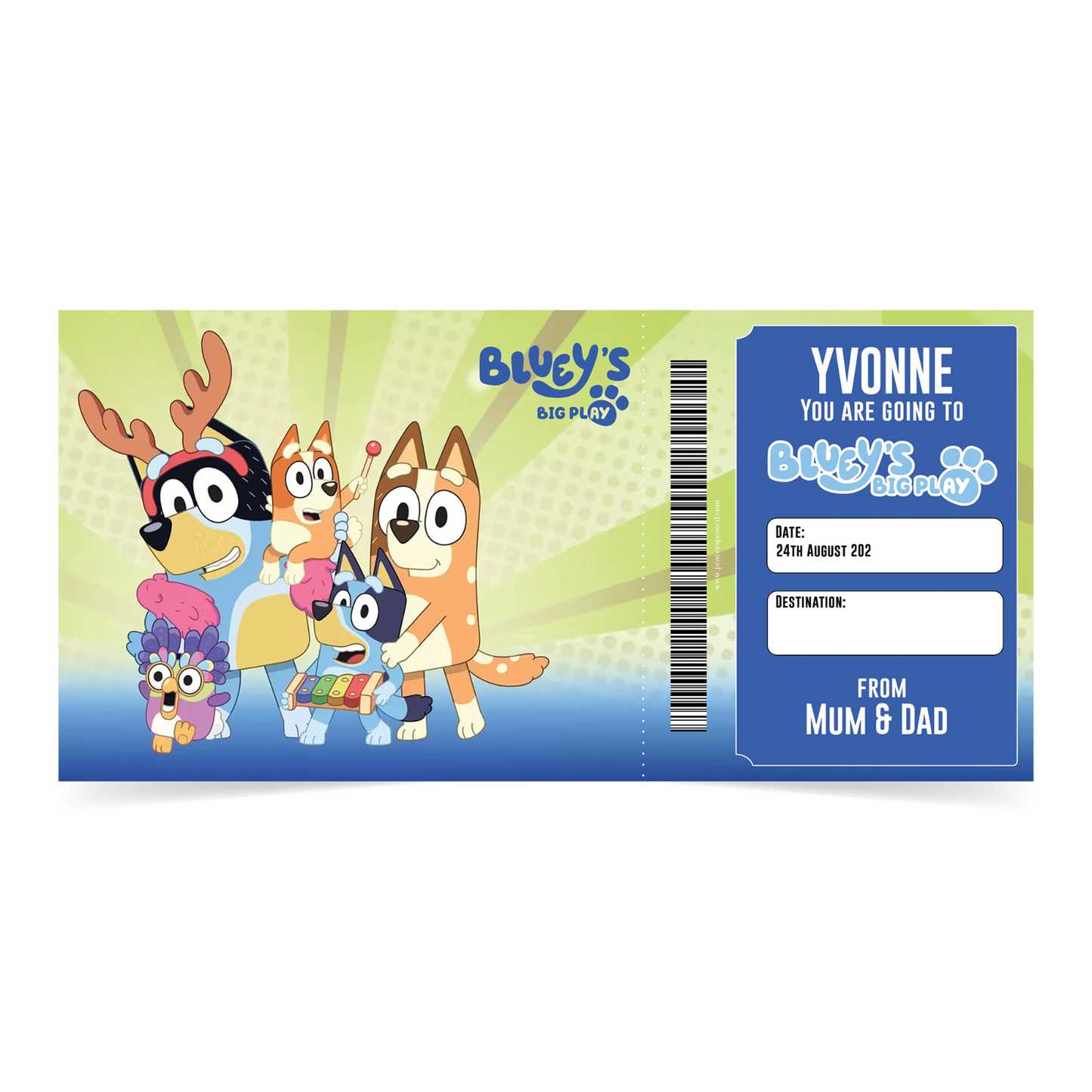 Bluey's Big Play Ticket Gift Theatre Christmas Xmas Personalised Gift Ticket