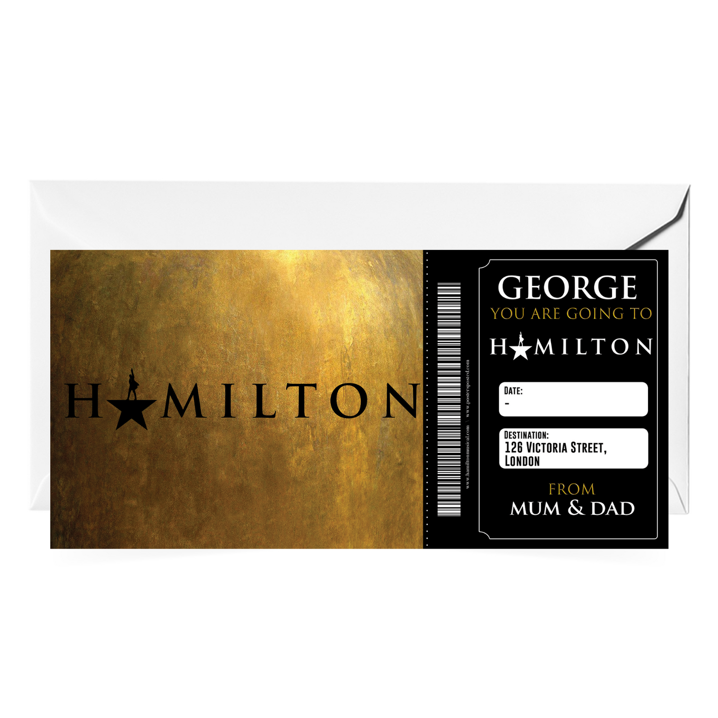 HAMILTON Musical Theatre Ticket Personalised Gift Surprise Hamilton Voucher