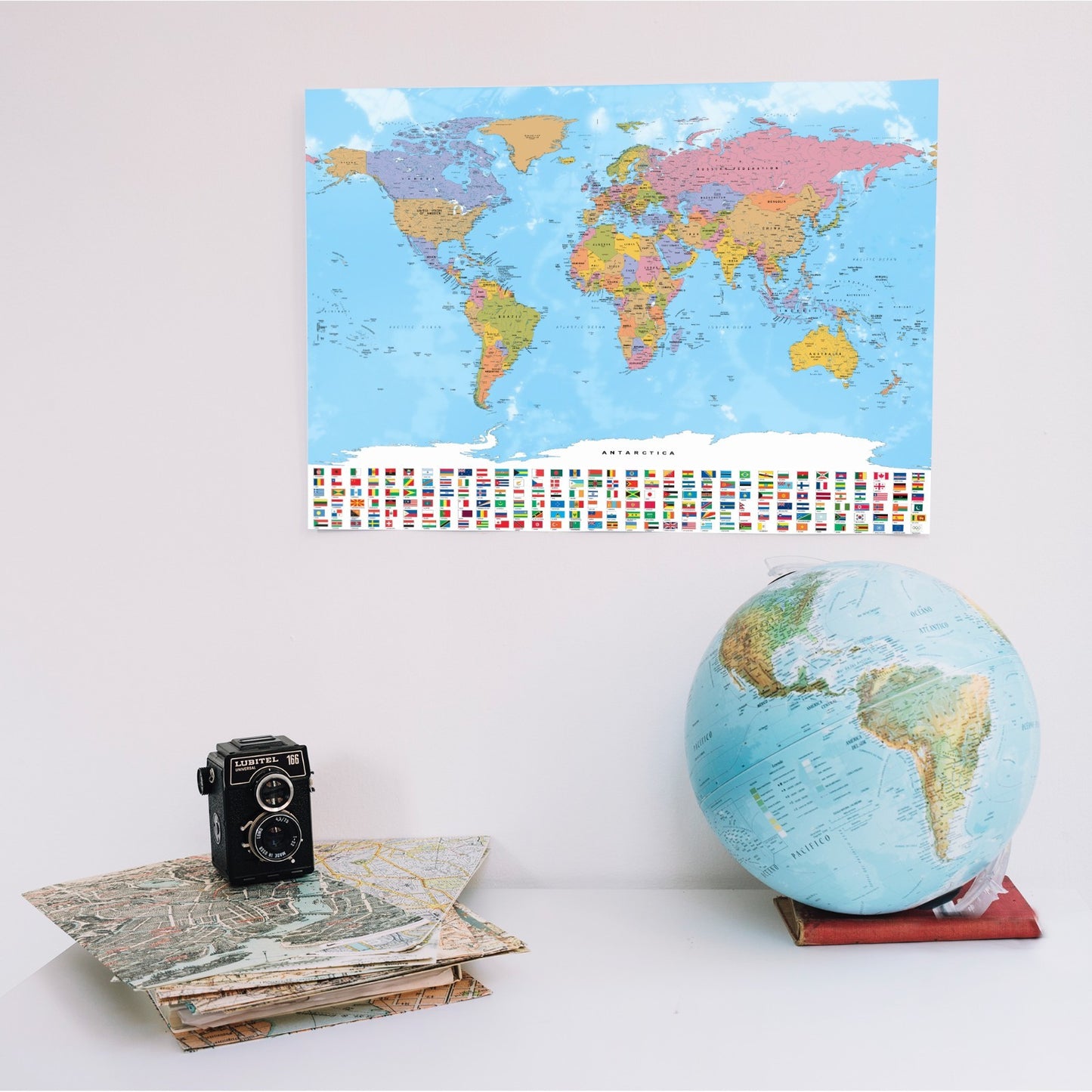 Map Of World Detailed Educational Geography Poster Art Map With Flags Poster