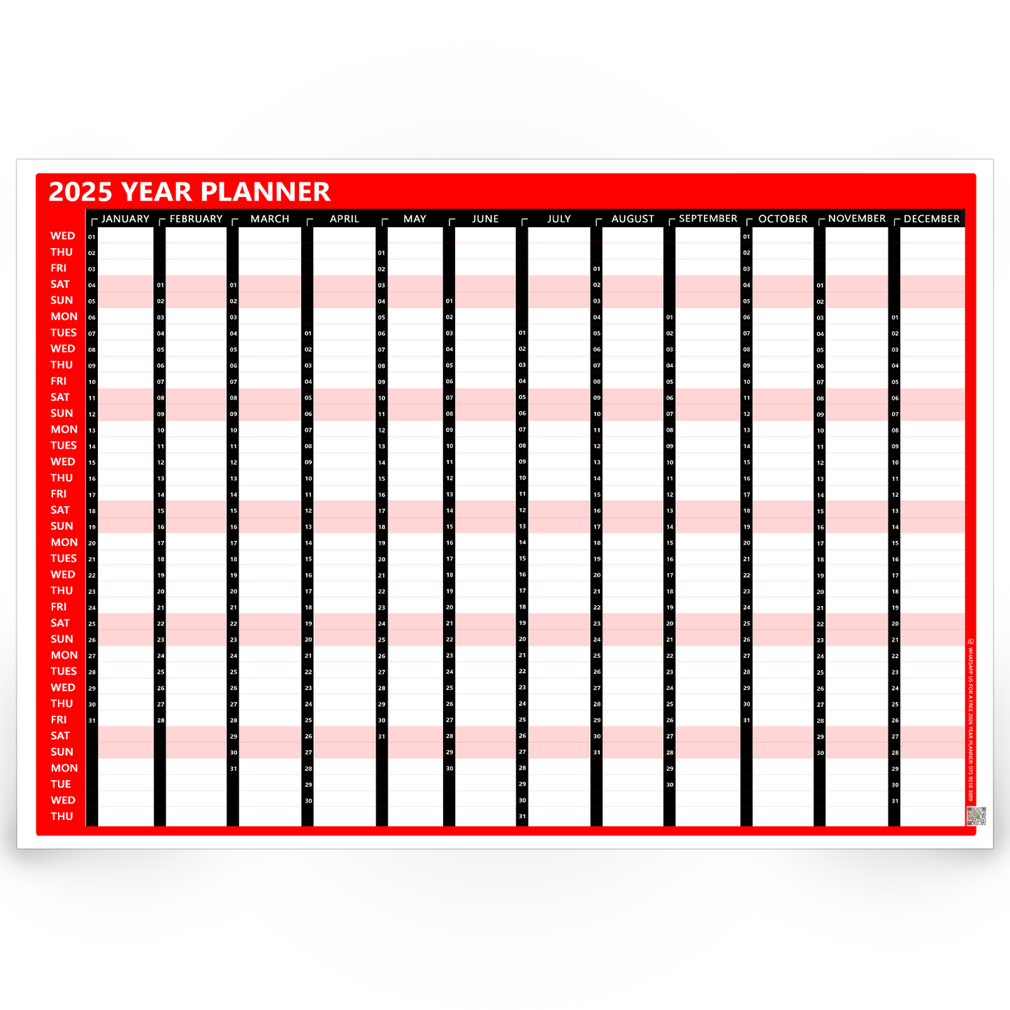 2025 Full Year Wall Calendar Home Work Office RED Year Planner 2025 Calendar