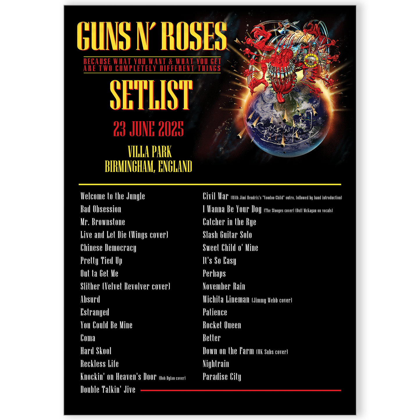Guns N' Roses Birmingham 23 June 2025 Setlist Poster For Fans A5-A3