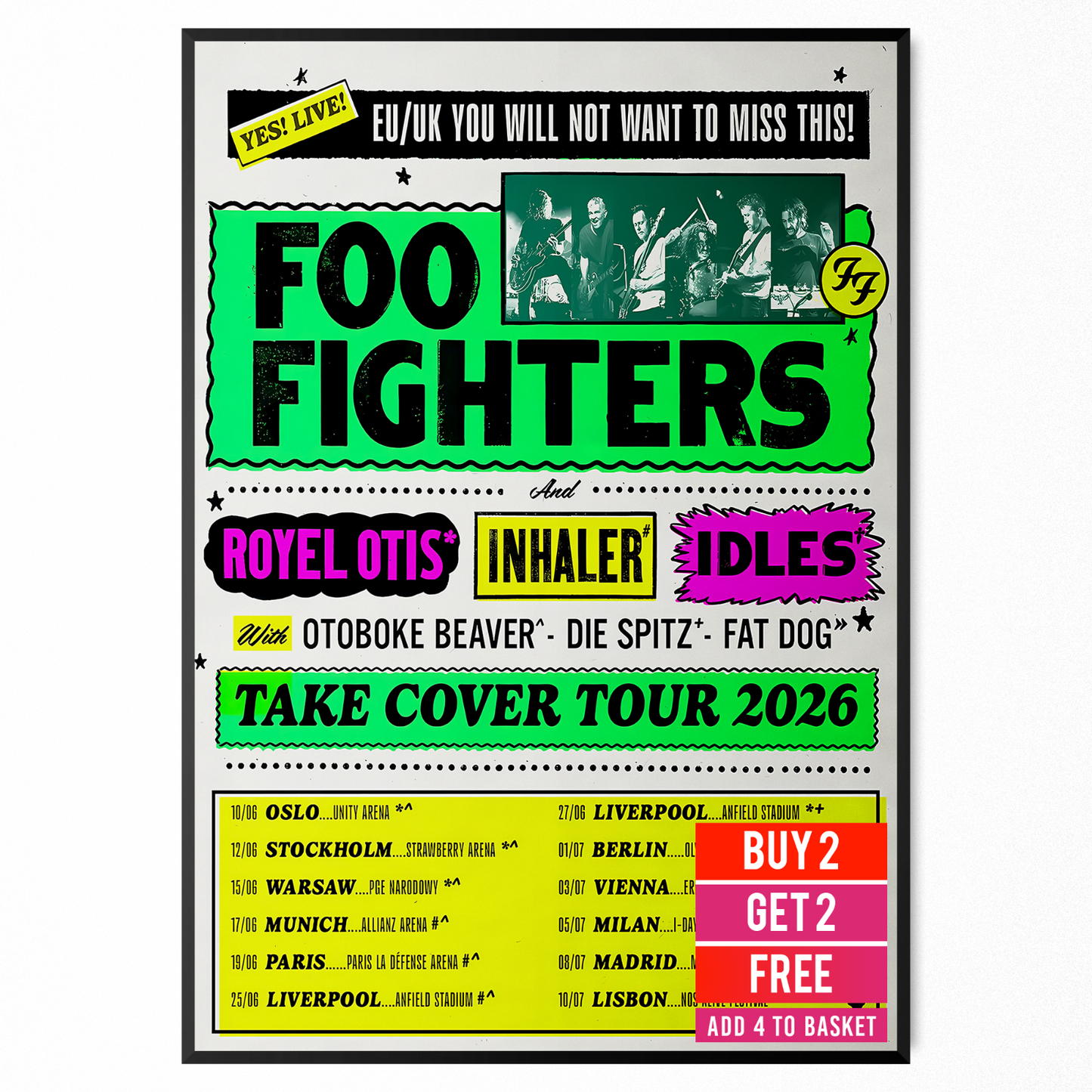 Foo Fighters Poster Tour UK+EURO Dates For Foo Fighters Fan Music Rock Band