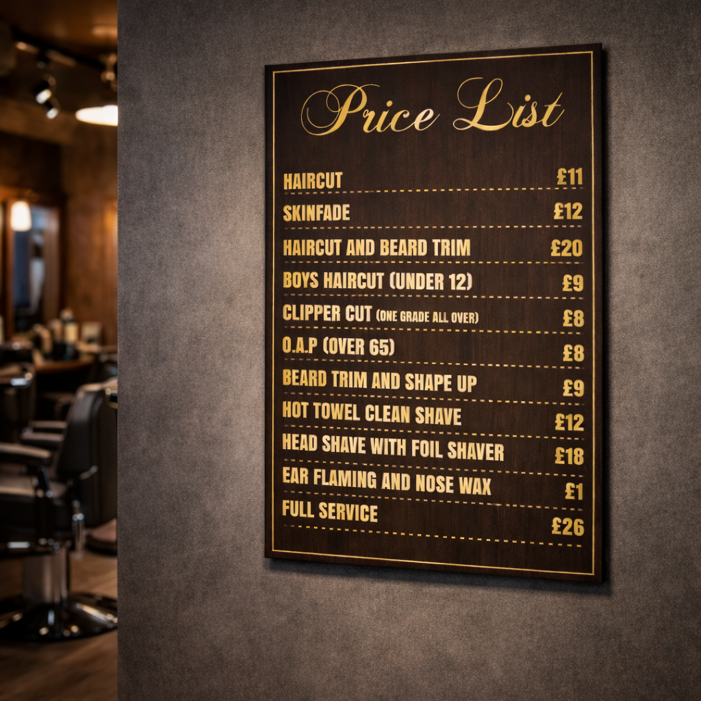 Barber Shop Price List Advertising Salon Sign Poster Indoor Sticker A5-A3