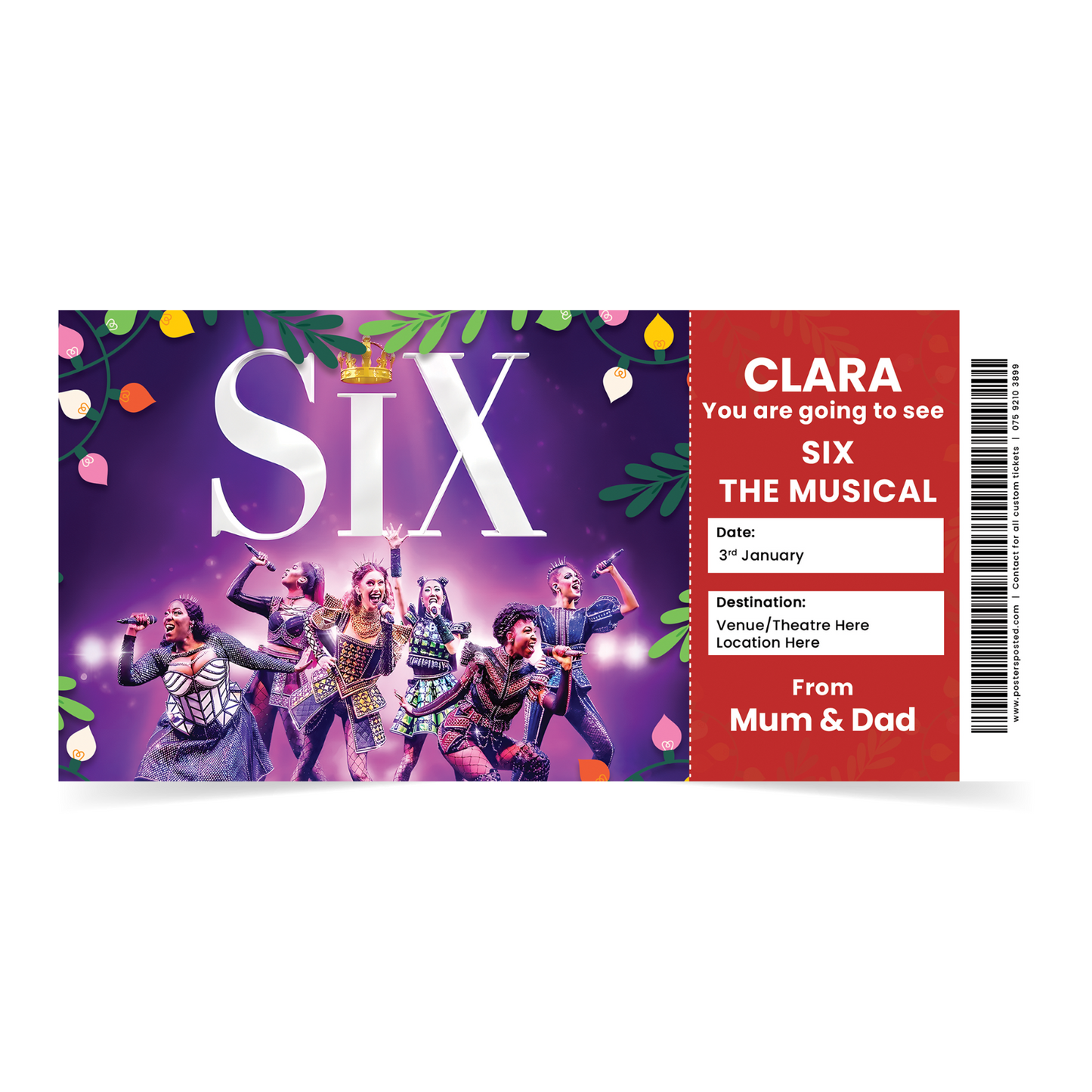 Six The Musical Ticket Christmas Xmas Gift Ticket Personalised Keepsake Card