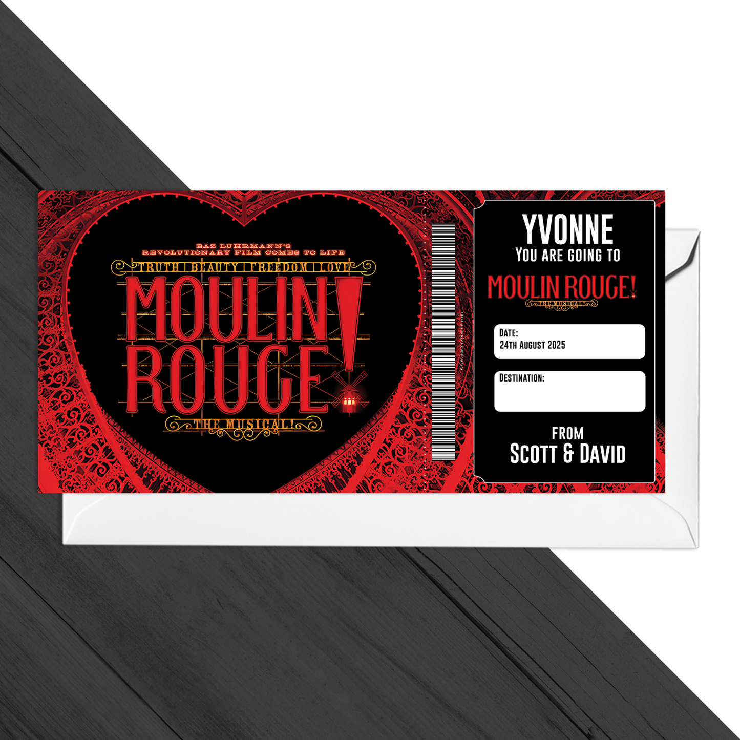 Moulin Rogue! The Musical Theatre Ticket Gift Surprise Voucher Personalised